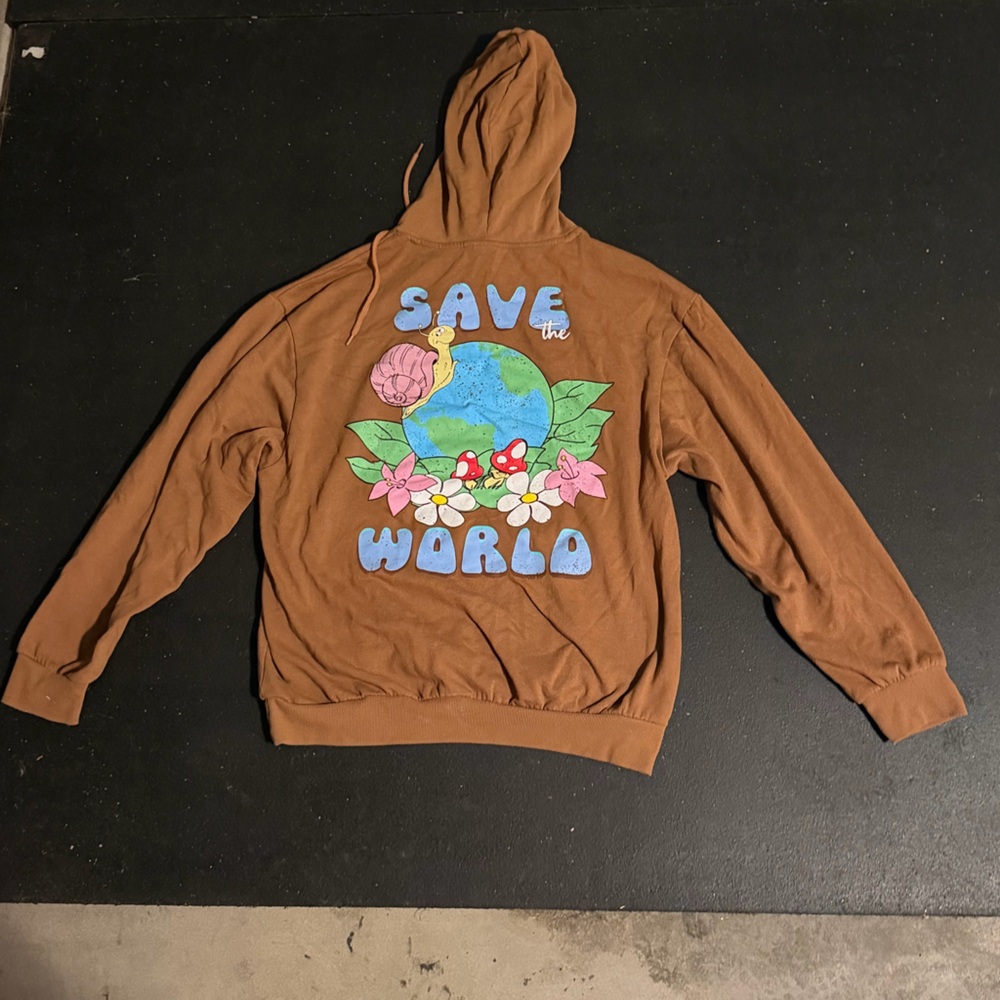 Y2K Earth Day “Save The World” Graphic Hoodie Brown Cartoon Nature - Picture 4 of 4
